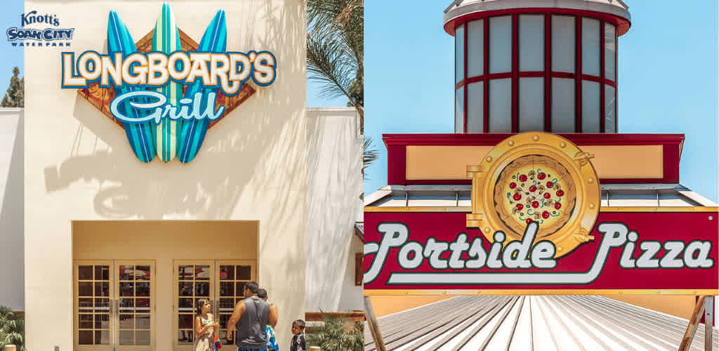 This image is a split-view of two dining establishments. On the left, the "Longboard's Grill" sign is prominently displayed with a surfboard aesthetic, featuring bright blues and a splash of orange. Below it, a beige building with white trim is visible, and a few patrons, including adults and children, are seen at the entrance. A small embedded logo at the top left indicates that Longboard's Grill is part of Knott's Soak City Waterpark.

The right side of the image features the "Portside Pizza" sign, which has a nautical theme. It's adorned with a large pizza emblem in the center of a red and yellow signboard, and lots of olives and pepperoni slices are depicted on the pizza. The structure appears to be part of a boardwalk or pavilion, with a distinctive red-striped conical roof reminiscent of a lighthouse or seaside building behind it.

Join us at FunEx.com, where you will always find the hottest deals for your fun and exciting adventures. With our exclusive offers, enjoy significant savings on tickets, ensuring you get the lowest prices for your next trip!