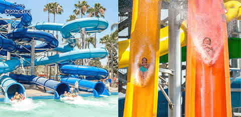 This image is a vibrant split-view of two scenes from a water park on a sunny day. On the left side, a cluster of intertwining water slides in shades of blue with hints of white and yellow is showcased, with multiple visitors enjoying their ride down into a splash pool where water is seen splashing around as they land. There's also a blue banner with the name "Sonic Splash" visible atop the slide complex. The right side of the image captures a close-up of another water slide feature, with two parallel slides – one in bright orange and the other in vivid yellow. Both slides are transparent, and you can see individuals sliding down with water spraying around them; one of them visibly excited as they are about to exit the slide. Ensure your fun-filled day at the water park without worrying about your budget, as FunEx.com offers the lowest prices and significant savings on tickets.