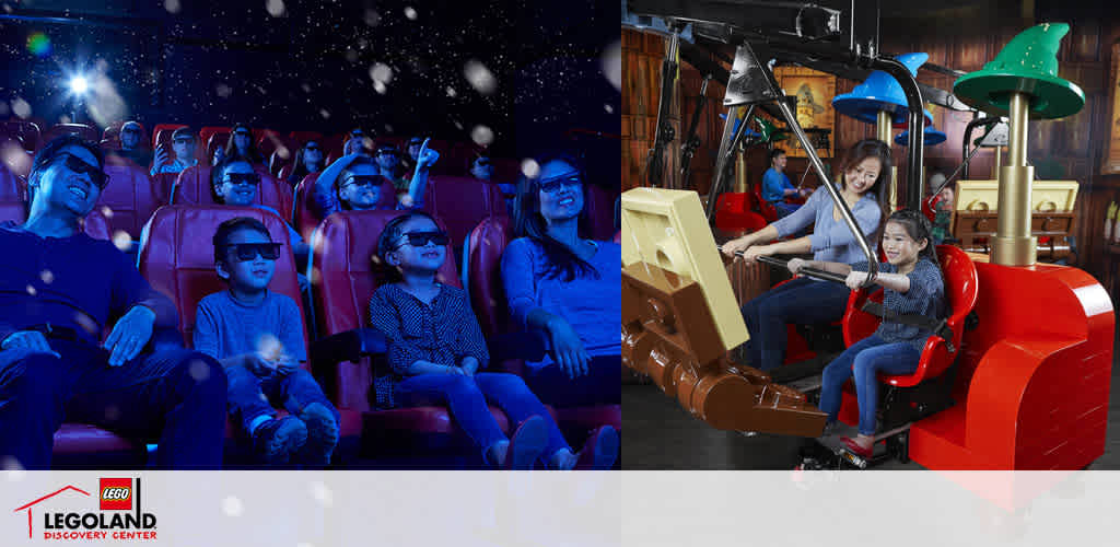 This image is a split scene representing two attractions at a LEGOLAND Discovery Center. On the left side, there's an excited audience wearing 3D glasses, immersed in a captivating visual experience in a darkened space theater setting with stars and galaxies projected onto the screen and surrounding walls, enhancing the 3D movie experience. On the right side, two children accompanied by an adult are engaging with an interactive ride. The child in the front seat is wearing a red harness and appears to be maneuvering a joystick, while the ride simulates movement, providing a dynamic and fun experience. Behind them, LEGO-themed decor including oversized green and brown LEGO bricks and equipment enhance the playful atmosphere of the adventure theme.

For families looking for a day of excitement and engagement, FunEx.com offers the joy of such experiences at the lowest prices, ensuring your adventure is met with great savings on tickets.