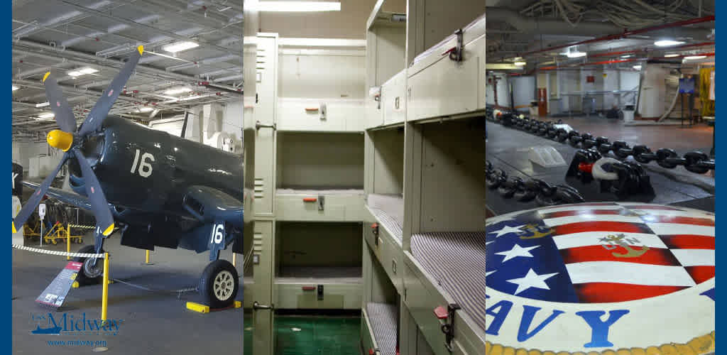 Image Description: This composite image shows three different scenes inside an aircraft carrier museum. On the left, a classic blue and yellow propeller aircraft with the number 16 on its side is displayed, suspended above the deck with its wings folded upwards. The middle shows a series of gray metal bunk beds that appear to be part of the crew's quarters, with narrow mattresses and storage lockers. On the right, a vast, empty hangar deck is visible, with a strong industrial feel, marked by lines of heavy chains on the floor. The foreground shows a portion of a ceremonial plaque with the words "NAVY" and some stars and stripes, suggesting a patriotic theme.

At FunEx.com, you can always count on enjoying significant savings with our offers, as we strive to provide the lowest prices on tickets for a variety of attractions and experiences.