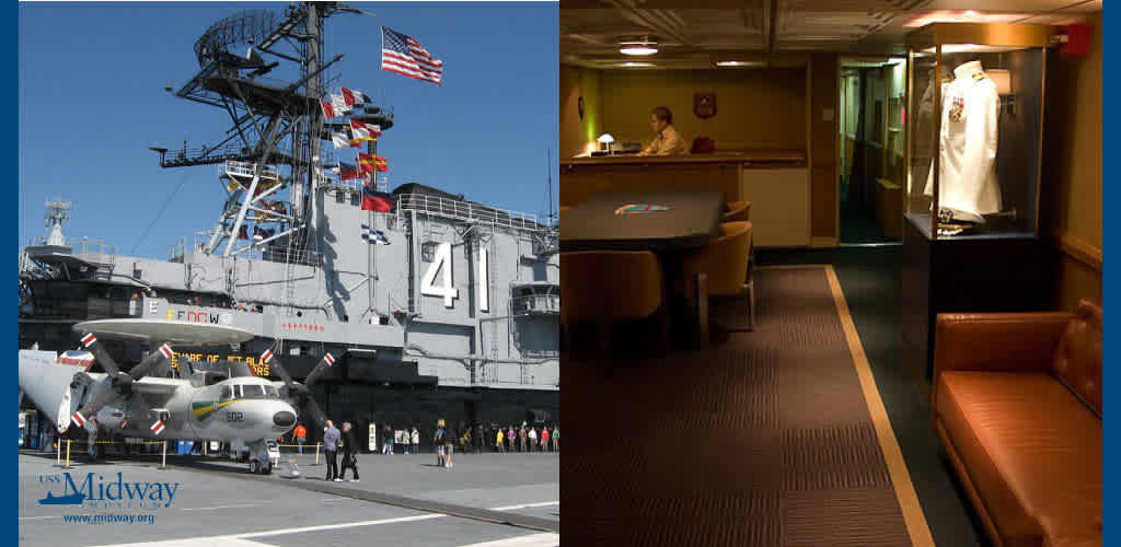 This image is a split scene photograph. On the left side, there is a view of the exterior of a large aircraft carrier with the number 41 prominently displayed. Several aircraft are visible on the deck, with one in the foreground featuring propellers and yellow-tipped wings. A group of people can be seen on the deck, touring the vessel. The carrier is adorned with multiple signal flags and the American flag, under a clear blue sky. On the right side, the photo shows an interior space presumably inside the carrier. It is a corridor with wood paneling and a red and orange padded bench. The corridor leads past a glass display case containing a white naval officer's uniform. A man is seated at a table in the background, looking at a document.

Get ready to explore this magnificent naval marvel while enjoying sensational savings - at FunEx.com, we're committed to bringing you the lowest prices on tickets to incredible attractions!