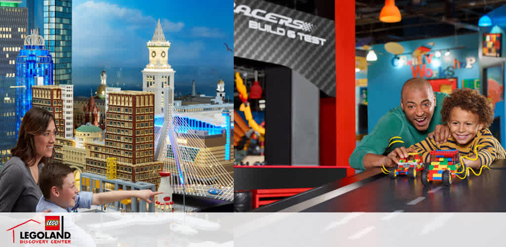 Image shows a LEGOLAND Discovery Center collage. On the left is a woman and young boy admiring a miniature LEGO cityscape including a blue-lit skyscraper and a clock tower. On the right, a man with a girl on a play area with LEGO car models. The room has bright colors with a 'Racers Build & Test' sign in the background.