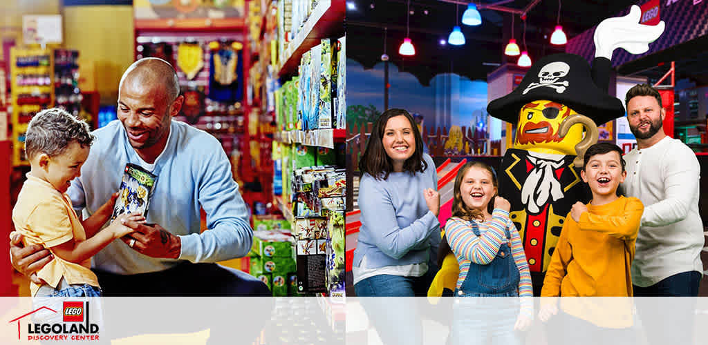 A joyful moment at LEGOLAND Discovery Center with two vibrant scenes. On the left, an adult and a young child smile as they choose LEGO boxes in an aisle filled with colorful products. To the right, a family of four, with two cheerful children in the foreground, poses beside a life-sized LEGO pirate figure. Fun and family-friendly atmosphere captured in both settings.