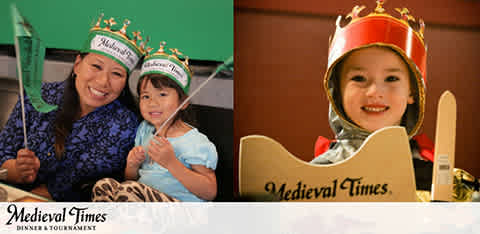 Image shows two side-by-side photos. On the left, a smiling woman and a child wear green paper crowns with 'Medieval Times' printed on them. On the right, a close-up of a child in a red crown, sitting behind a sign reading 'Medieval Times', grinning broadly. The Medieval Times logo appears below both images.