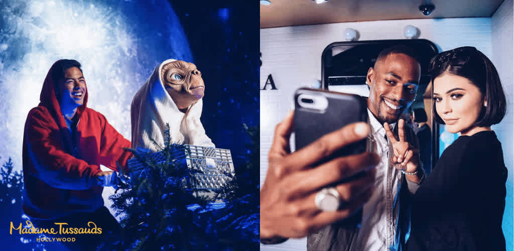 Image showing two different scenes: on the left, a person in a red hoodie and a Yoda figure in a snowy holiday setting; on the right, a smiling man and woman taking a selfie indoors.