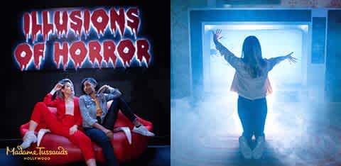 A person standing with arms outstretched in front of a foggy, blue-lit room and two people sitting on a red couch in a spooky horror themed room.