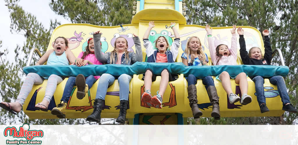 Image Description: A vibrant and lively moment captured at the Mulligan Family Fun Center, featuring a group of seven delighted children aboard a colorful, cartoon-themed drop tower ride. The kids, a mix of boys and girls, appear to be in their preteens and are seated in a single row. They are expressing pure joy and excitement, with their hands raised high in the air and expressions of exhilaration on their faces as they experience the thrilling descent. The ride is decorated with playful drawings, showing characters having fun, which enhances the playful atmosphere of the scene. Tall green trees provide a natural backdrop to the image, suggesting the park is in a suburban area with ample greenery.

At FunEx.com, we're all about the thrills without the frills—enjoy the lowest prices on tickets for top attractions and events, ensuring your adventures are paired with unbeatable savings!
