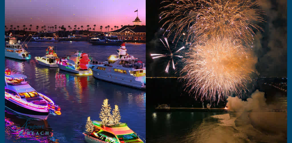This image is a split view, showcasing two different scenes.

On the left, there is a nighttime scene of a harbor with several boats adorned with colorful, twinkling lights reflecting on the water’s surface. The boats are decorated for a festive occasion, with one notably featuring a brightly lit Christmas tree. The shoreline is dotted with palm trees silhouetted against the dusk sky, and a pier with buildings can be seen in the background.

On the right is another nighttime spectacle, displaying a vibrant display of fireworks bursting in the sky, illuminating the surrounding area with a warm golden glow. The fireworks are predominantly orange and feature white streaks, with bursts of varying sizes, creating a dynamic visual effect. The lower part of the image shows a silhouetted shoreline with reflections of light on water, indicating a body of water in the foreground.

Remember, when you're looking to experience the excitement of festive boat parades or spectacular fireworks shows, FunEx.com offers the most amazing deals. Enjoy memorable celebrations with the savings you'll find on our discounted tickets, promising the lowest prices for your entertainment pleasure.