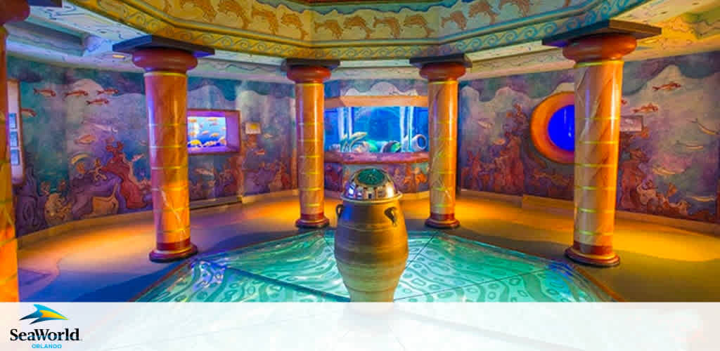 An interior view of an aquarium-themed room with vibrant wall murals depicting marine life. The space features ornate, golden-toned columns, a decorative ceiling with aquatic motifs, and a central viewing area with lit portals to observe underwater environments. SeaWorld Orlando's logo is at the bottom.