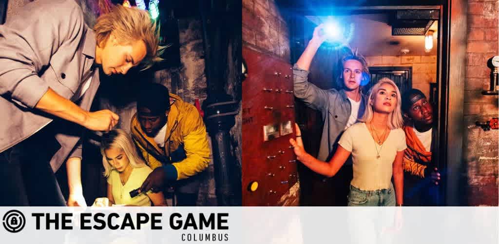 Image displays a group of people participating in an escape room game at The Escape Game Columbus. The left side shows two individuals examining a clue intently, with one shining a flashlight on it. The right side features three participants looking around cautiously, with one holding a flashlight above to illuminate their path in a dimly lit corridor. The atmosphere is focused and adventurous.