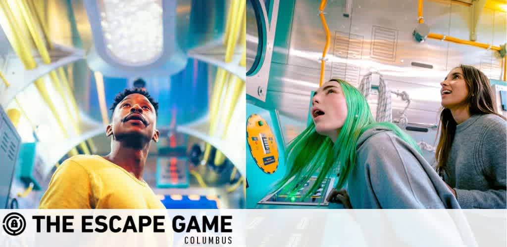 Image features three individuals engaged in a vibrant escape room experience at The Escape Game Columbus. On the left, a man in a yellow shirt looks upwards with an intrigued expression. The right side shows two women, one with bright green hair, both gazing in awe at the high-tech equipment around them. Bright colors and an atmosphere of excitement encapsulate the adventurous theme of the escape room.