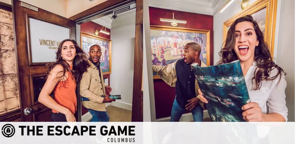 Image shows a lively scene split into two parts at The Escape Game Columbus. On the left, two people exit a room with  VINCENT  on the door, looking back surprised. On the right, two individuals react with excitement, one holding a painting clue. The ambient decoration suggests an art gallery theme. The experience promises teamwork and discovery.