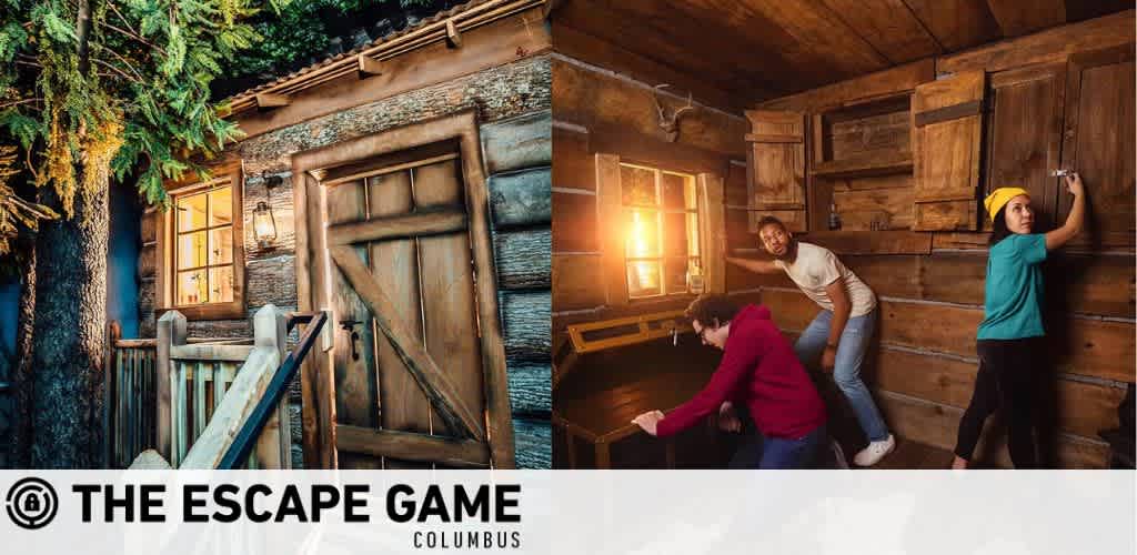 Image of The Escape Game Columbus, split between an outdoor view of a rustic cabin entrance with pine trees and a lit window at twilight, and an indoor scene where three individuals are eagerly searching around a warmly lit, wood-paneled room, looking for clues. The Escape Game logo is at the center.