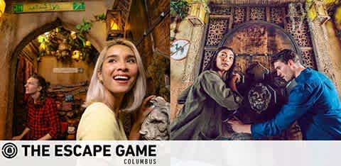 Image promoting The Escape Game Columbus. On the left, a woman smiles brightly at the camera with a rustic-themed room and another person in the background. On the right, two people, one in green and one in blue, are intently manipulating a circular artifact with symbols. Vintage-style architecture surrounds them. The company's logo is at the bottom.