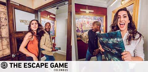 Image features three excited participants at THE ESCAPE GAME COLUMBUS. On the left, two individuals are emerging from a room with 'VINCENT' written above the door frame, one holding a piece of artwork. On the right, a woman with wide eyes and a jubilant expression displays a painting, hinting at an art heist theme. The setting suggests an interactive and thrilling puzzle-solving experience.