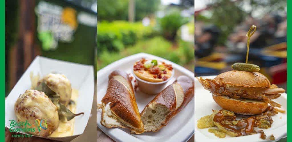 Triptych of food at Busch Gardens: Stuffed mushrooms, pretzel with dip, and a pulled pork sandwich.