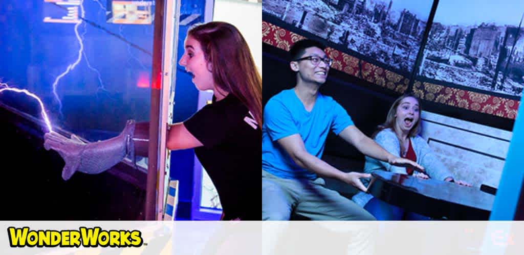 Two images: left shows a person touching a plasma globe, right depicts two people on a simulated ride.