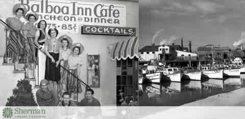 This image is a black-and-white vintage photograph that appears to be a collage of two separate pictures merged into one. On the left half of the image, there is a depiction of a mural featuring three women and one man in vintage attire. The women are standing on a balcony, while the man is sitting at the foot of a staircase below them. They are positioned in front of a sign for the "Balboa Inn Café" that indicates offerings for "Luncheon-Dinner" with prices listed as "75¢-85¢," and another sign that reads "COCKTAILS." There is a distinct 1940s or 1950s American diner vibe to the scene.

On the right half of the image, we see a harbor scene with several boats moored along docks. The water is calm, and there is a row of buildings in the background, suggesting a waterfront community or a docking area for leisure boats and possibly fishing vessels.

For a complete experience filled with nostalgia and history, FunEx.com offers an array of options at the lowest prices, ensuring that your savings on tickets will enhance your enjoyment without breaking the bank.