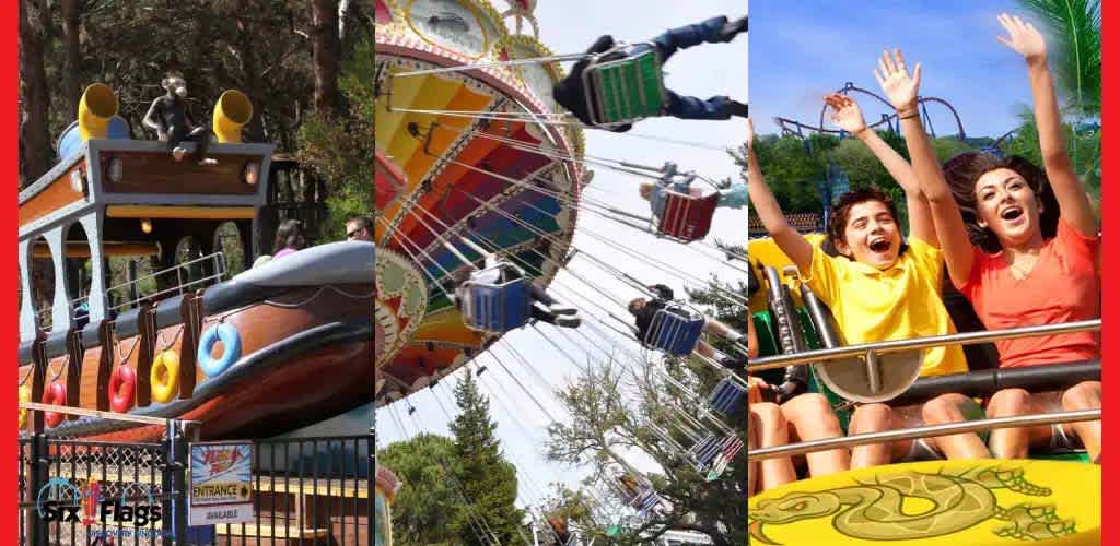 A collage of three amusement park rides, including a roller coaster, swings, and excited riders.