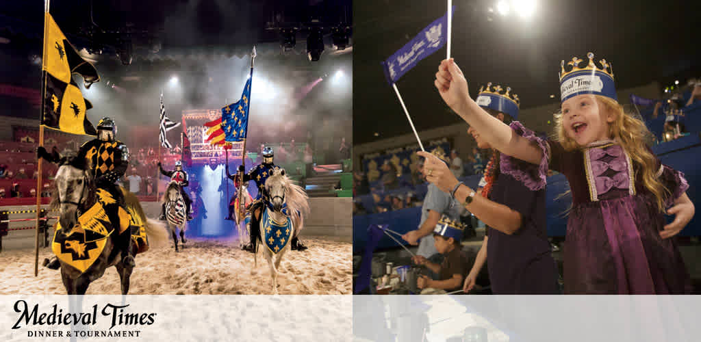 Promotional image for Medieval Times featuring a jousting scene with knights on horseback in vibrant costumes carrying flags in an arena on the left. On the right, a joyful young girl in a crown waves a flag, accompanied by spectators in the stands. Text overlay at bottom reads Medieval Times Dinner & Tournament.