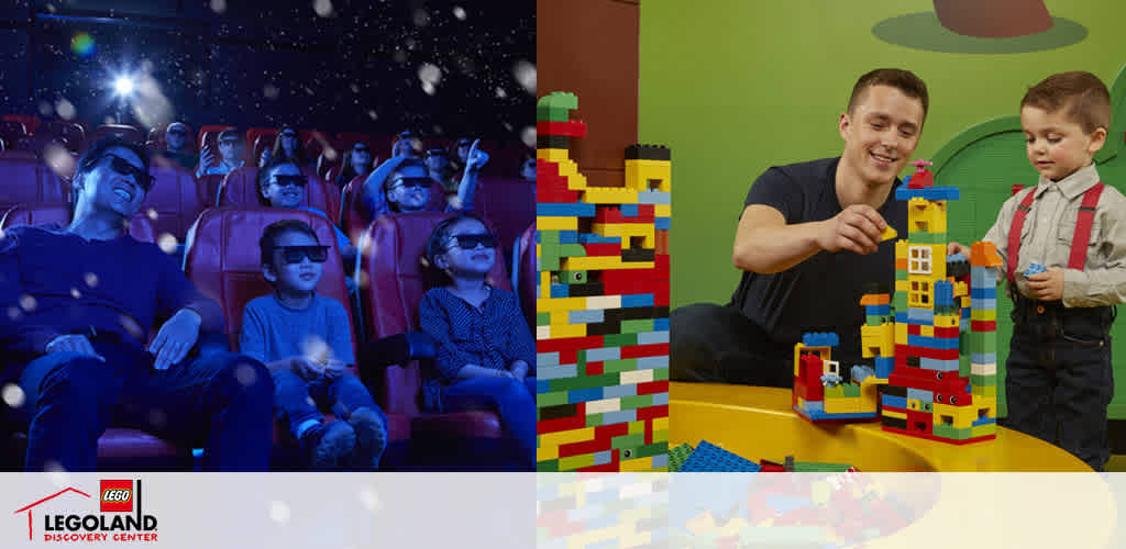 Image shows two scenes from LEGOLAND Discovery Center. On the left, a group watches a 4D cinema experience with 3D glasses, showing joy and amusement. On the right, a smiling adult and child engage in building colorful LEGO structures, with the child holding a LEGO figure. The space is vibrant and evokes creativity and learning.