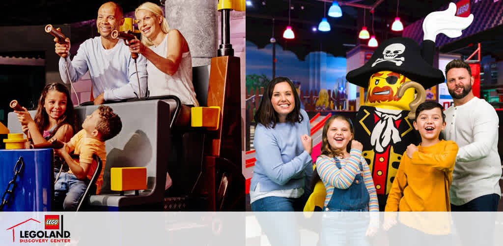 Image of visitors at LEGOLAND Discovery Center. On the left, a family with a child and grandparents enjoy a ride, grasping handles with excitement. On the right, a family of four stands smiling next to a life-size Lego pirate figure. Bright indoor lighting and colorful Lego-themed backdrop enhance the playful atmosphere.