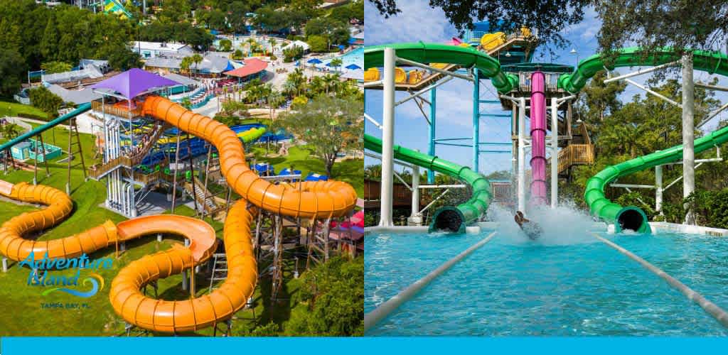 A vibrant water park with colorful slides and pools surrounded by greenery.