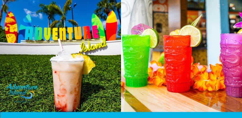 Two images of colorful drinks at a tropical-themed location.