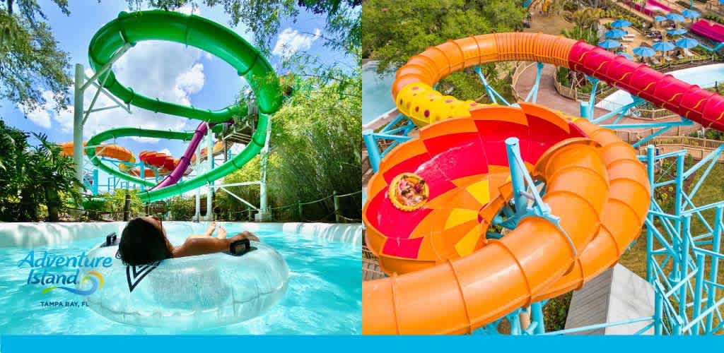 Two vibrant water slides with people in rafts at a water park.