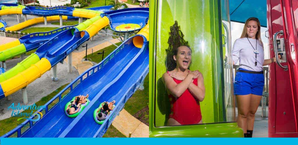 Water slide park with visitors enjoying rides; a woman exits a slide ecstatically.