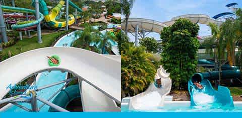 A collage of two water park slides with people enjoying rides.