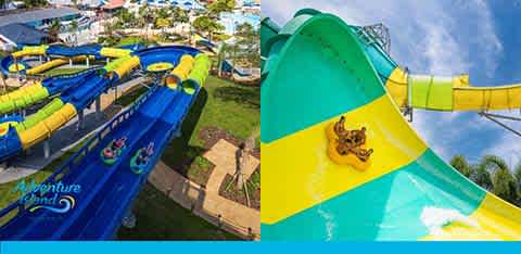 Aerial view of a water park slide and close-up of a person sliding down.