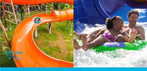 Split image: left shows an empty water slide; right, two people on a raft splashing in water.