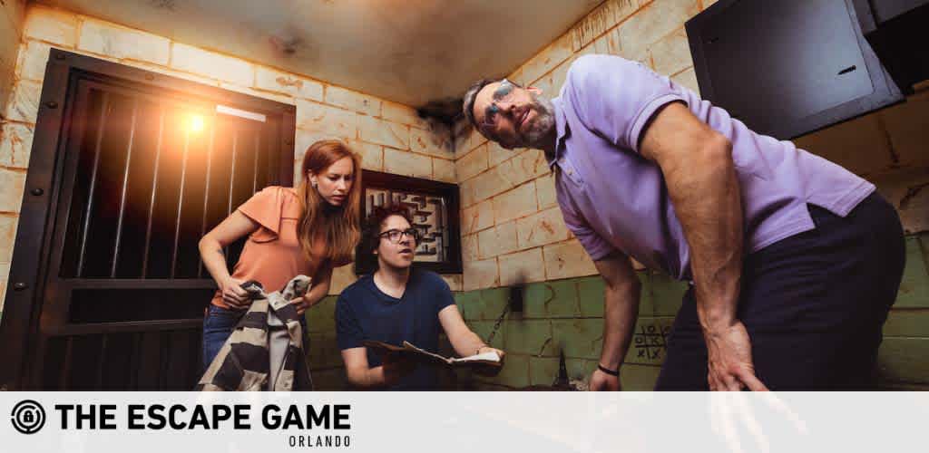 Three people in an escape room looking for clues, with a logo "The Escape Game Orlando".