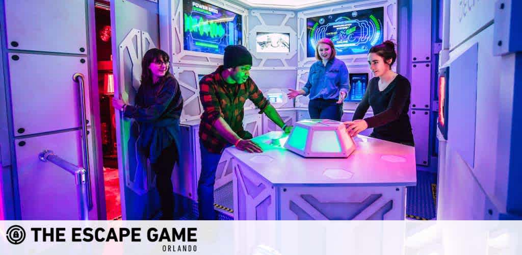 People play a game in a futuristic room at The Escape Game Orlando.