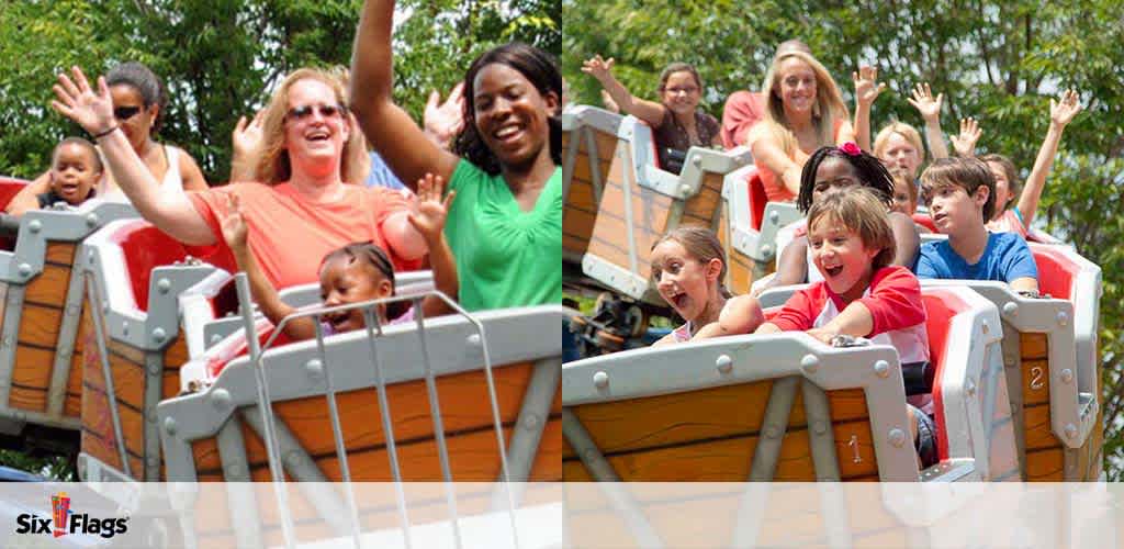 Excited visitors on a roller coaster at Six Flags amusement park enjoy a sunny day. Their arms are raised and smiles wide, showcasing thrill and enjoyment on the ride. Trees form the backdrop under a clear sky. The Six Flags logo is visible in the corner.