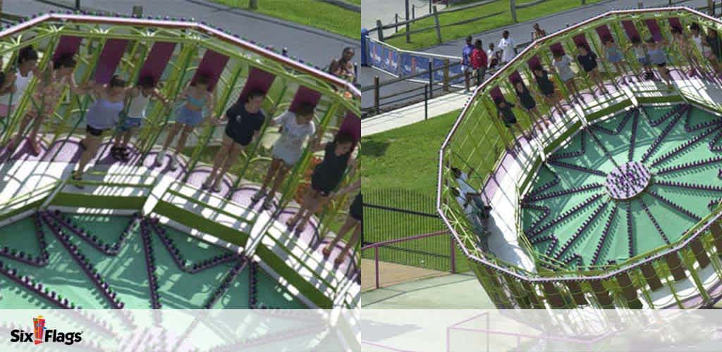 This image shows two views of a circular theme park ride. On the left, people are seated on a spinning ride with purple overhead restraints. On the right, an aerial view of the ride reveals its radial pattern and guests waiting in line. The Six Flags logo is visible, indicating the park's affiliation.