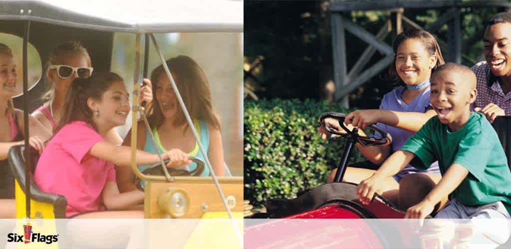 Image shows two scenes at an amusement park with joyful children. On the left, four girls share a yellow themed car ride under a shelter. The right captures three kids, two girls and a boy, enjoying a go-kart track outdoors, the boy steering with excitement. The photo bears the Six Flags logo.