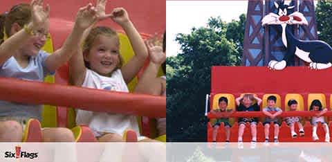 Split image with left side showing two joyful children on an amusement park ride, their hands up in excitement. The right side features a cartoon cat above a red ride car filled with children. The Six Flags logo is displayed at the bottom.