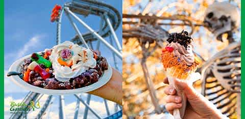 The image is split into two halves. On the left, there is a close-up of a colorful ice cream sundae topped with various candies and whipped cream, presented against a background of roller coaster tracks. On the right, a hand holds a waffle cone filled with a swirl of multiple ice cream flavors, garnished with sprinkles and a chocolate chip cookie, in front of a skeletal amusement park structure under a blue sky. The logo at the bottom reads Busch Gardens.