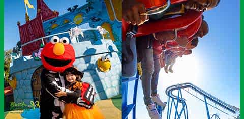 Left: A child in a festive orange skirt is hugging a costumed character resembling Elmo in front of a colorful backdrop with a castle motif. The character's outfit includes a black motorcycle-style jacket. Right: Two individuals are seen from an aerial perspective, wearing safety harnesses on a bright blue rollercoaster track against a clear sky.