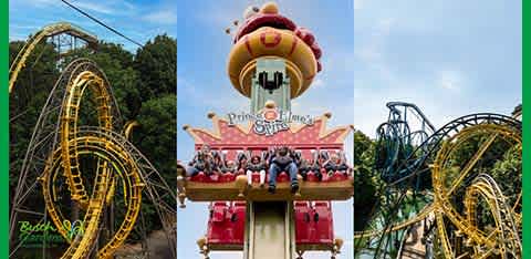 Three images of amusement park rides side by side. On the left, a yellow roller coaster with multiple loops framed by trees. In the center, a drop tower ride themed like a bright red firefighter with people secured in seats, ready to descend. On the right, a green and yellow roller coaster with intricate twists and turns, also surrounded by lush greenery.