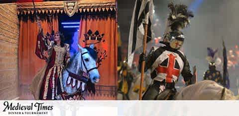 Promotional image for Medieval Times shows a queen in ornate attire on a white horse on the left, and a knight in black and white armor with a red cross, mounted on a horse, on the right. Both are illuminated by dramatic lighting, suggesting a lively atmosphere of historical reenactment. The Medieval Times logo at the bottom indicates the dinner and entertainment experience offered by the brand.