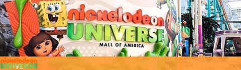 Banner featuring Nickelodeon Universe at the Mall of America, with colorful characters like SpongeBob and Dora the Explorer. Roller coasters and vibrant structures are visible in the background, set against a bright, lively scene.