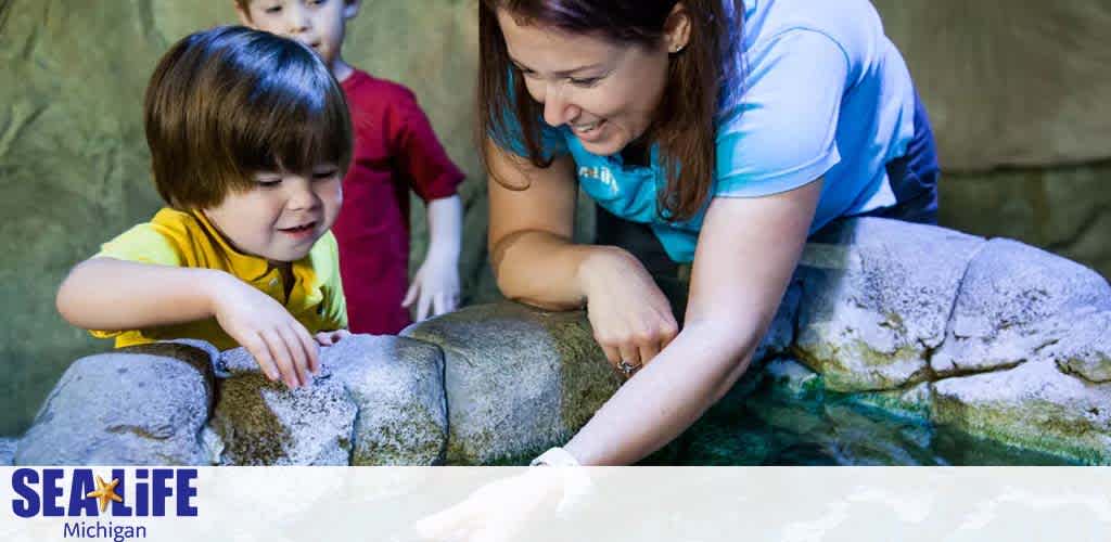 A young child in a yellow shirt reaches into a touch pool under the guidance of a smiling woman in a blue tee. Another child watches in the background. The Sea Life Michigan logo is in the foreground, signifying an interactive aquarium experience.