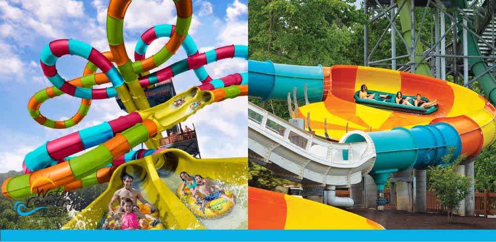 Split image featuring colorful water slides. Left side shows intertwined slides in vibrant colors against a bright blue sky. Bottom corner has people on a yellow slide. Right side displays a large yellow, orange, and blue slide with a raft of riders. Trees flank the structure.