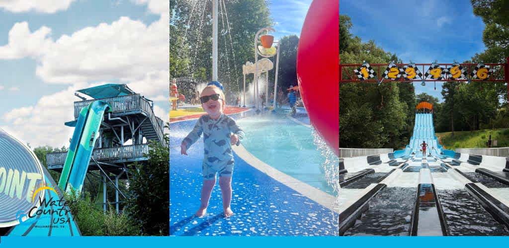 This image features a collage of three photos from a water park. On the left, a towering water slide with several twists and an exit pool. The center shows a delighted toddler in sunglasses and swimwear standing on a wet, blue ground with water jets. To the right, an expansive multi-lane racing slide stretches toward the foreground with hanging numbers marking each lane.