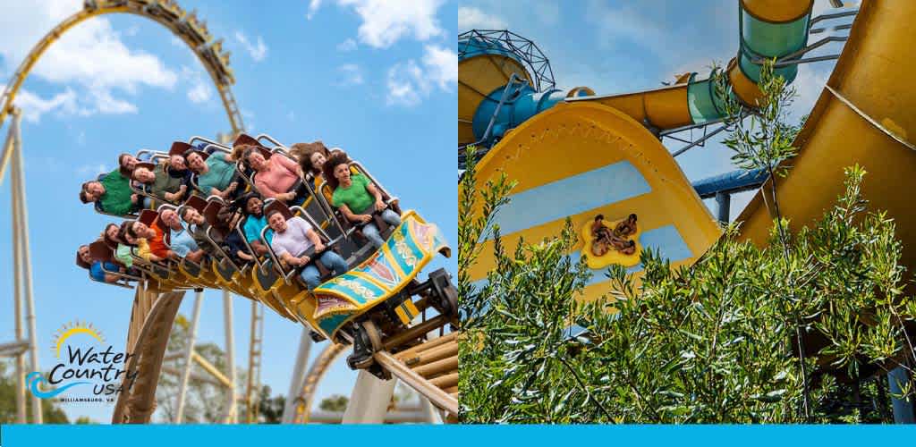 The image features two distinct sections of an amusement park. On the left, a group of people are enjoying a roller coaster ride, with their hands in the air as they descend a yellow track. On the right, a closer view shows a section of a yellow water slide with an emblem of a bear, partially obscured by green foliage. The logo for Water Country USA is present at the bottom center.