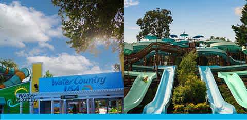Image featuring two scenes from Water Country USA. On the left, the park's vibrant entrance with a clear blue sky. The right shows multiple twisting water slides amid lush greenery, with blue umbrellas scattered in the background.