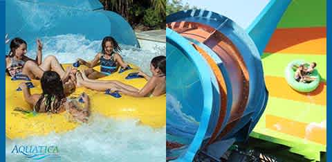 The image shows two scenes from a water park named Aquatica. On the left, a group of people enjoy a ride on a yellow raft down a water slide, splashing and laughing. The right side displays another water ride with a close-up of a blue and orange striped slide with a single rider on a green tube emerging from the tunnel. The atmosphere is sunny and joyful.